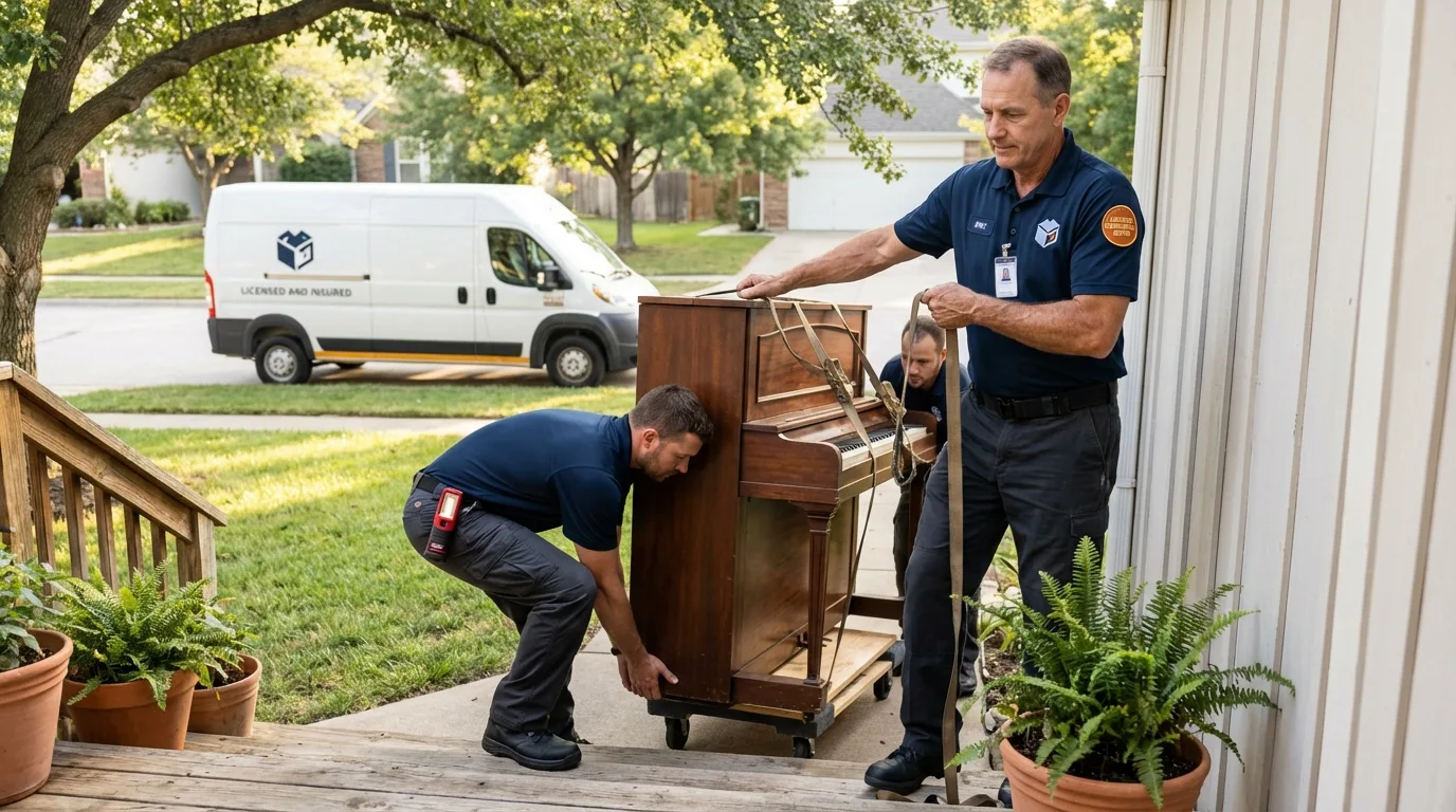 Licensed piano movers securing grand piano in Elko New Market, MN