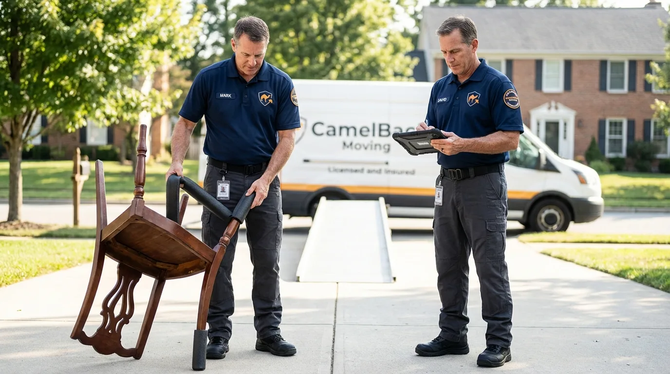 Movers inspecting furniture for damage prevention before loading in Elko New Market, MN