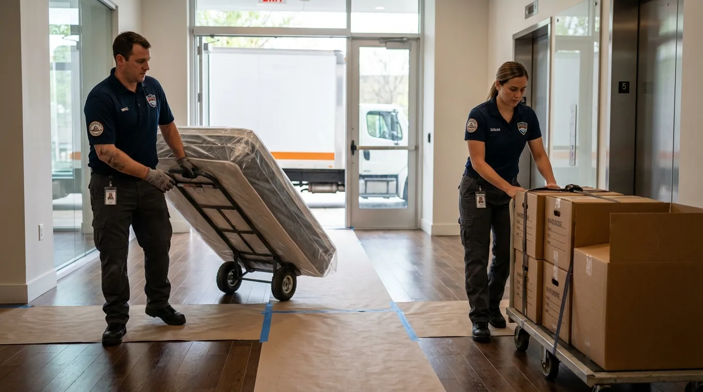 Professional apartment movers loading elevator in Elko New Market, MN