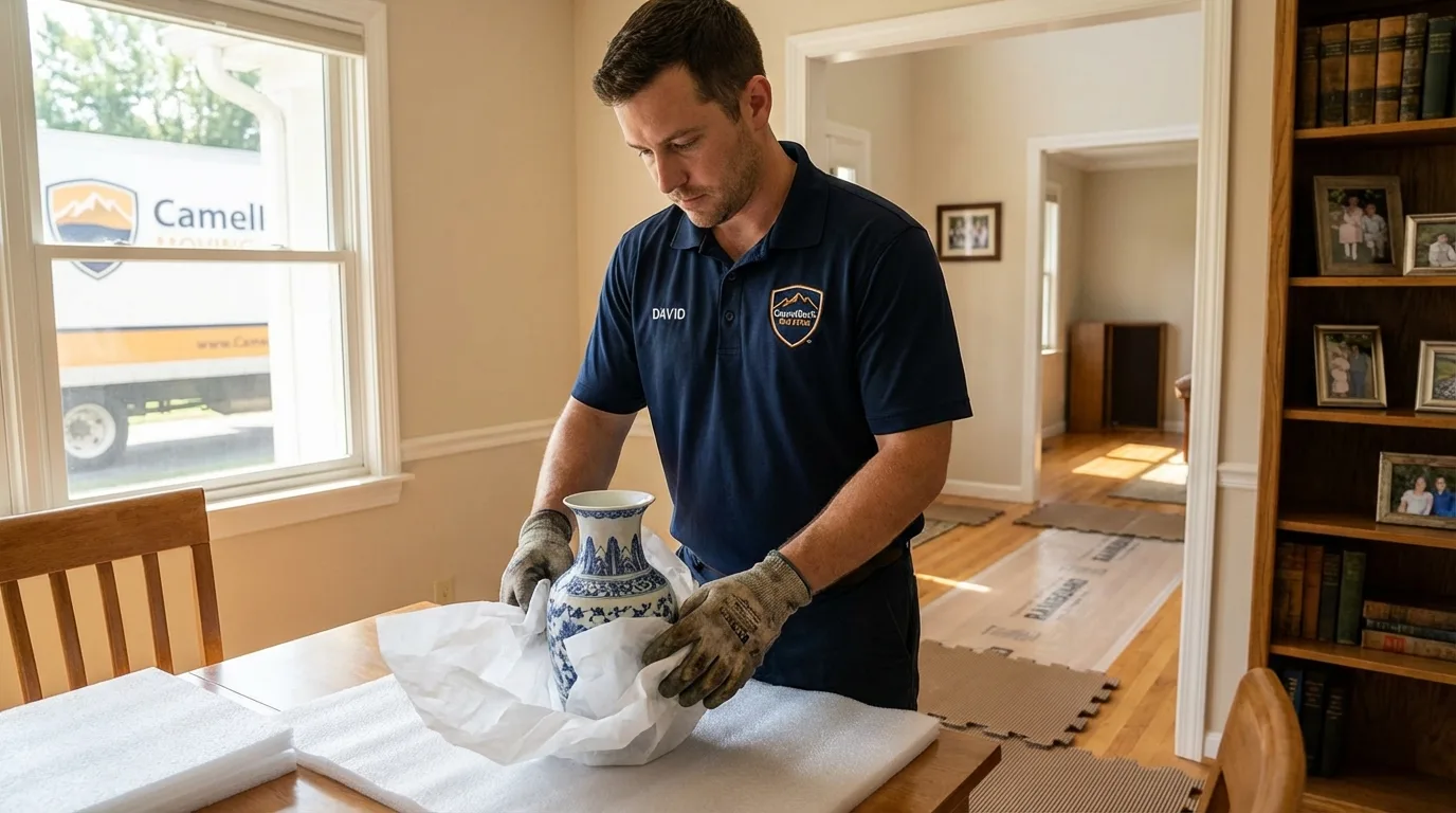 Professional crew carefully wrapping antique vase for senior downsizing move in Elko New Market, MN
